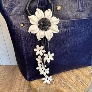 Leather Purse Charm Black White Flower Charm Genuine Leather Bag Charm NEW!